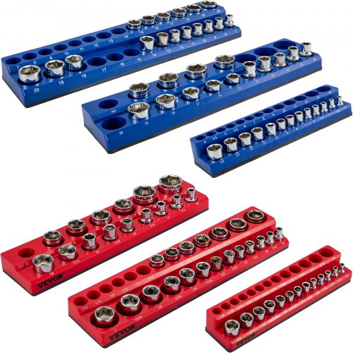 VEVOR 6-Pack Metric and SAE Magnetic Socket Organizers, 1-2-inch, 3-8-inch, 1-4-inch Drive Socket Holders Hold 143 Sockets, Red and Blue Tool Box Orga