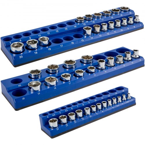 VEVOR 3-Pack Metric Magnetic Socket Organizers, 1-2-inch, 3-8-inch, 1-4-inch Drive Socket Holders Hold 75 Sockets, Blue Tool Box Organizer for Sockets