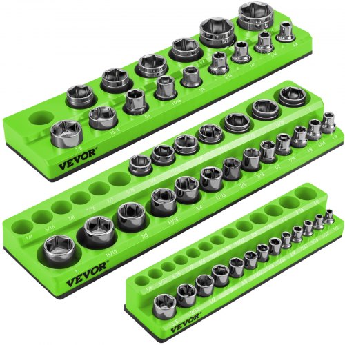 VEVOR 3-Pack SAE Magnetic Socket Organizers, 1-2-inch, 3-8-inch, 1-4-inch Drive Socket Holders Hold 68 Sockets, Green Tool Box Organizer for Sockets S