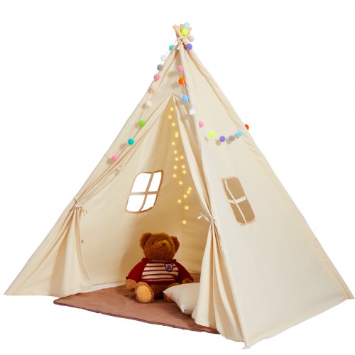 VEVOR Kids Play Tent, Teepee Tent for Kids 1-5 Years Old, Toddler Tent with Mat and Plush Decorative Balls, Tent for Kids with Windows for Indoor and 