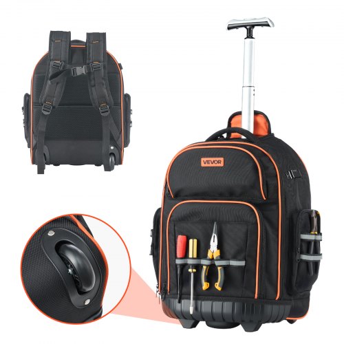 VEVOR Rolling Tool Backpack, 110 lbs Load Capacity, 45 Pockets Heavy Duty Roller Tool Bag on Wheels, Adjustable Telescoping Handle & Stable Base, Tool
