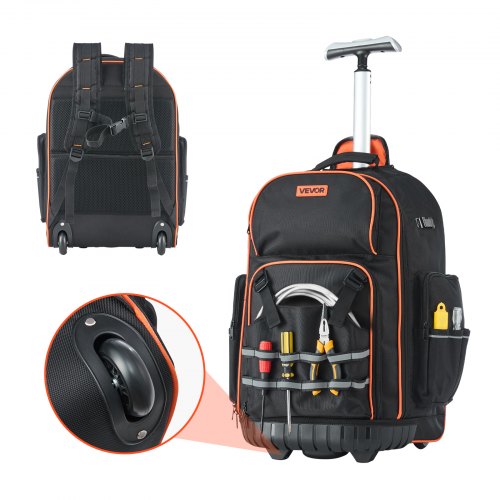 VEVOR Rolling Tool Backpack, 110 lbs Load Capacity, 72 Pockets Heavy Duty Roller Tool Bag on Wheels, Adjustable Telescoping Handle & Stable Base, Tool