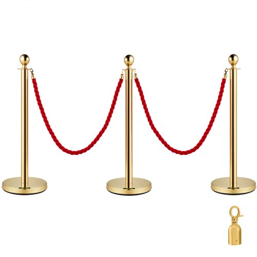 3pcs Red Twine Rope Stanchion Gold Post Crowd Control Queue Line Barrier 2 Lines