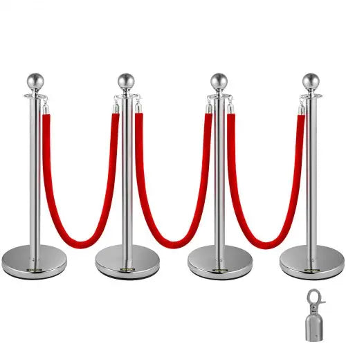 Bestequip 38 Inch Silver Stanchion Posts Queue, Red Velvet Rope, 4 Pack Rope Barriers Crowd Control Barriers Queue Line for Party School Hotel Supplie Matron Inn