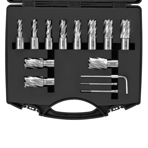 VEVOR Annular Cutter Set, 13 pcs Weldon Shank Mag Drill Bits, 1" Cutting Depth, 7-16" to 1-1-16" Cutting Diameter, M2AL HSS, 2 Pilot Pins, Hex Wrench