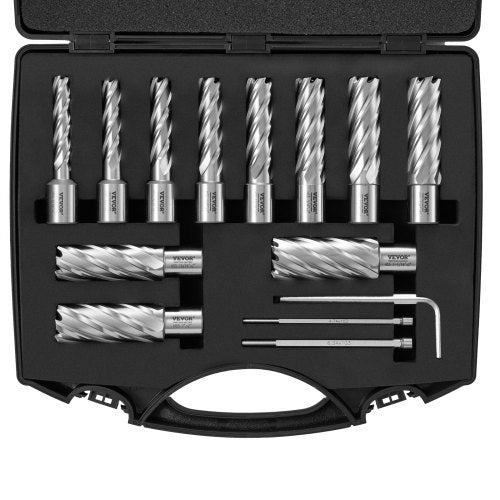VEVOR Annular Cutter Set, 13 pcs Weldon Shank Mag Drill Bits, 2" Cutting Depth, 7-16" to 1-1-16" Cutting Diameter, M2AL HSS, with 2 Pilot Pins, Hex Wr