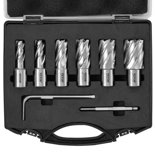 VEVOR Annular Cutter Set, 6 pcs Weldon Shank Mag Drill Bits, 1" Cutting Depth, 1-2" to 1-1-16" Cutting Diameter, M2AL High-Speed Steel, with Pilot Pin