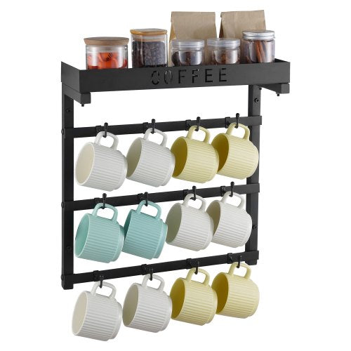 VEVOR Coffee Mug Holder Wall Mounted, 12 Movable Hooks Coffee Cup Hanger for Wall, Carbon Steel Mug Rack with Top Shelf, Coffee Bar Accessories & Orga