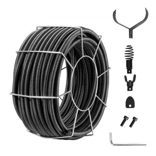 VEVOR Drain Cleaning Cable 100 FT x 3-4 Inch, Solid Core Steel Drain Cleaner Cable with 4 Cutters for 3.9" to 7.9" Pipes, Professional Inner Core Sewe
