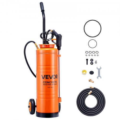 VEVOR Industrial Concrete Sprayer with Wheeled Cart, 5 Gallon Stainless Steel Sprayer, Heavy Duty Tri-Poxy Pump Sprayers, 20.5''Wand, 48" & 120" Hoses