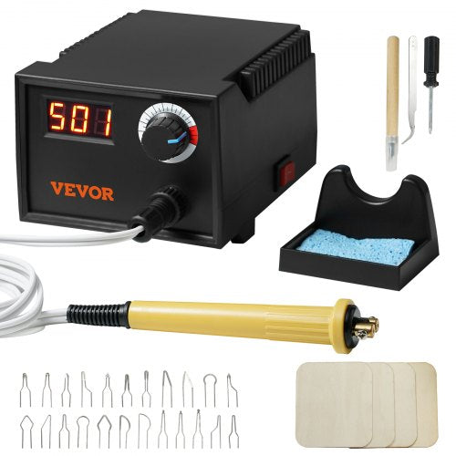 VEVOR Wood Burning Kit, 200~700°C Adjustable Temperature with Display, Wood Burner with 1 Pyrography Pen, 23 Wire Nibs, 1 Pen Holder, 4 Wood Chip, 1 S