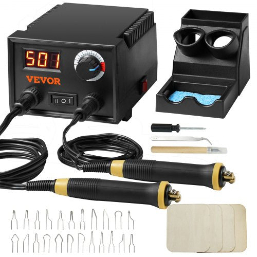 VEVOR Wood Burning Kit, 200~700°C Adjustable Temperature with Display, Dual Output Port with 2 Pyrography Pens, 23 Wire Nibs, 1 Pen Holder, 4 Wood Chi