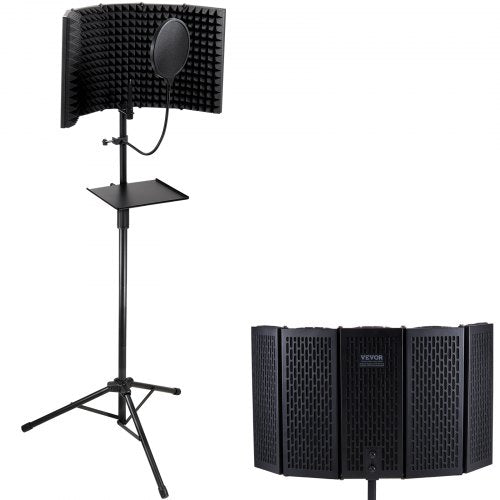 VEVOR Microphone Isolation Shield, 5-Panel, Studio Recording Foldable Mic Sound Shield, with Pop Filter Floor Tripod Stand 3-8'' to 5-8'' Microphone A