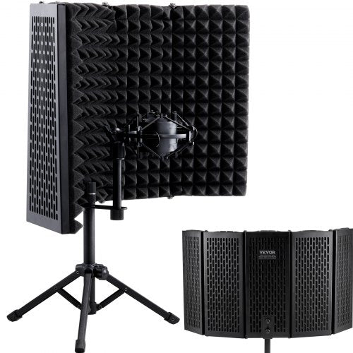 VEVOR Microphone Isolation Shield, 5-Panel, Studio Recording Mic Sound Shield, with Pop Filter Desktop Tripod Stand and 3-8'' to 5-8'' Microphone Adap