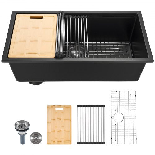 VEVOR 84 cm Kitchen Sink Workstation, Undermount Granite Sink, Drop-In Single Bowl Farmhouse Basin with Multiple Accessories, Household Dishwasher Sin