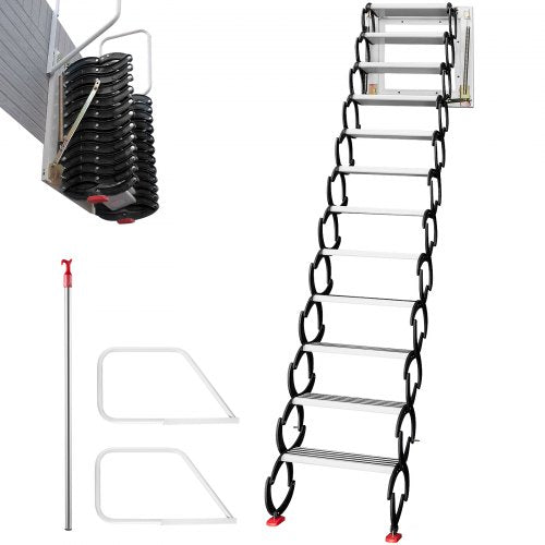 VEVOR Attic Steps Pull Down 12 Steps Attic Stairs Alloy Attic Access Ladder, Black Pulldown Attic Stairs, Wall-mounted Folding Stairs for Attic, Retra