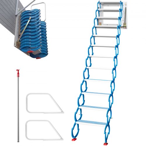 VEVOR Attic Steps Pull Down 12 Steps Attic Stairs, Alloy Attic Access Ladder, Blue Pulldown Attic Stairs, Wall-mounted Folding Stairs for Attic, Retra