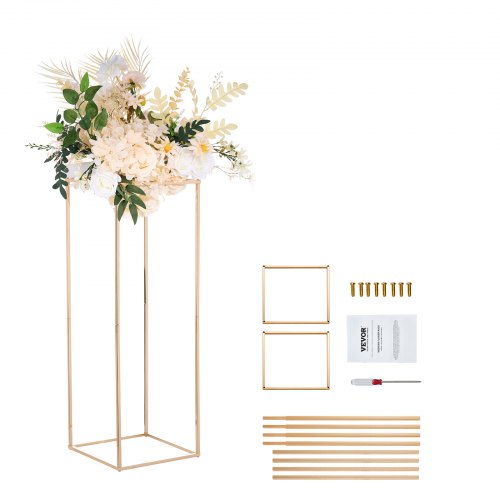 VEVOR 2PCS 31.5inch-80cm High Wedding Flower Stand, Metal Vase Column Geometric Centerpiece Stands, Gold Rectangular Floral Display Rack for T-Stage E