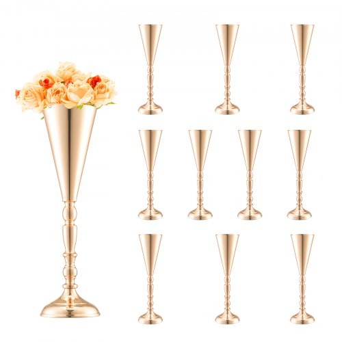 VEVOR 10PCS 43cm-16.9” Tall Wedding Flower Vase, Metal Wedding Trumpet Centerpiece, Gold Floral Stand Display Rack for Tables Wedding Dinner Party, An