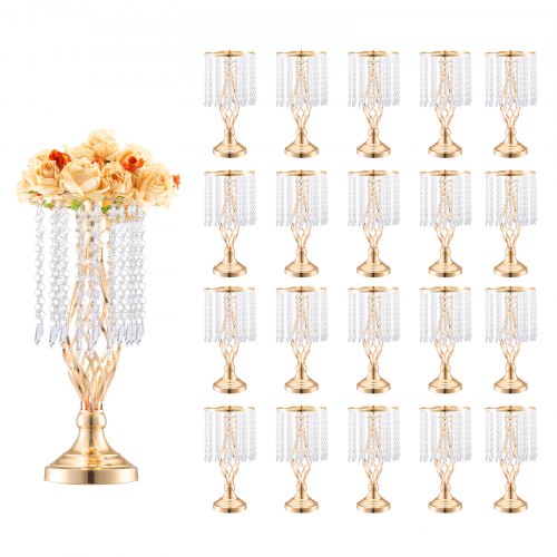 VEVOR 20PCS 43cm-16.9” Tall Crystal Wedding Flower Stand, Metal Wedding Centerpiece Vase, Gold Flower Holders Floral Display Rack for Tables Wedding D