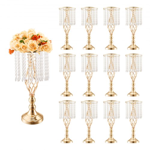 VEVOR 12PCS 49cm-19.3” Tall Crystal Wedding Flower Stand, Metal Wedding Centerpiece Vase, Gold Flower Holders Floral Display Rack for Tables Wedding D