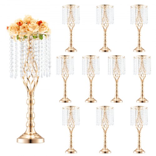 VEVOR 10PCS 55cm-21.65” Tall Crystal Wedding Flower Stand, Metal Wedding Centerpiece Vase, Gold Flower Holders Floral Display Rack for Tables Wedding