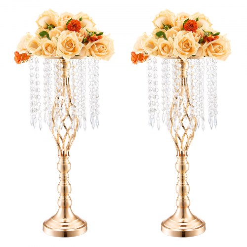 VEVOR 2PCS 55cm-21.65” Tall Crystal Wedding Flower Stand, Metal Wedding Centerpiece Vase, Gold Flower Holders Floral Display Rack for Tables Wedding D