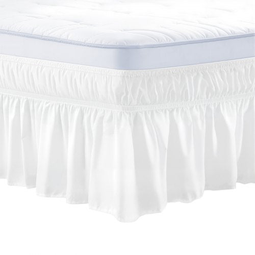 VEVOR Wrap Around Bed Skirt, 15 in Drop, White Dust Ruffle Queen Size, Three Sides Adjustable Bedskirt with Easy Fit Elastic Strap, Wrinkle-Free & Fad