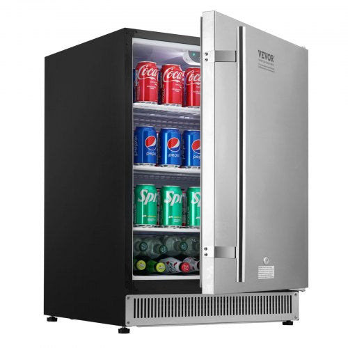 VEVOR 24 inch Indoor-Outdoor Beverage Refrigerator, 185QT Undercounter or Freestanding Beverage Fridge, 175 Cans Built-in Beer Fridge with Metal Plate