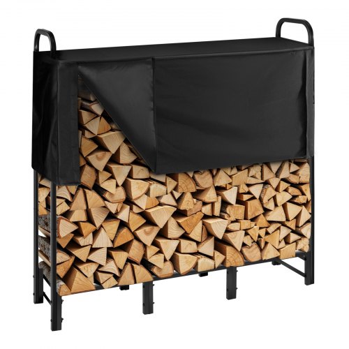 VEVOR Firewood Rack with Waterproof Cover, 4 ft Outdoor Firewood Holder, 1-4 Cord Storage Metal Log Holder, 400lb Max Weight Capacity, Top Covered, Po