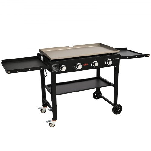 VEVOR Commercial Griddle on Cart, 36" Heavy Duty Manual Flat Top Griddle, Outdoor Cooking Station with Side Shelves, Steel Propane Gas Griddle, 4-Burn
