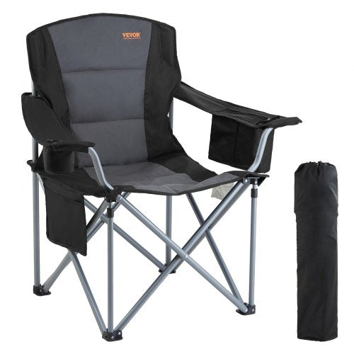 VEVOR Camping Folding Chair for Adults, Portable Heavy Duty Outdoor Quad Lumbar Back Padded Arm Chairs with Side Pockets, Cup Holder and Cooler Bag fo