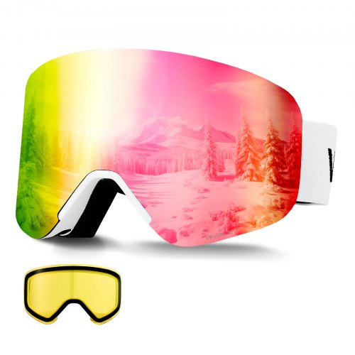 VEVOR Frameless Ski Goggles, Magnet Cylindrical Lens with Pink Revo Coating, OTG Anti fog Snow Goggles for Men Women Youth, TPU Frame & Ventilation St