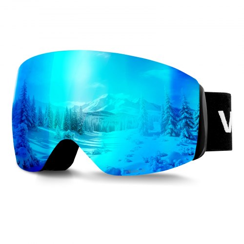 VEVOR Frameless Ski Goggles, Spherical Lens with Blue Revo Coating, OTG Anti fog Snow Goggles for Men Women Youth, TPU Frame & Ventilation Structure,