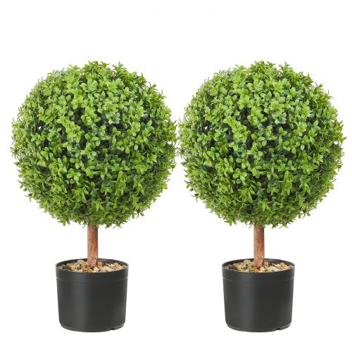 VEVOR Artificial Topiaries Boxwood Trees, 24 inch Tall (2 Pieces), Ball-Shape Faux Topiaries Plant with Planters, Green Feaux Plant w- Replaceable Lea