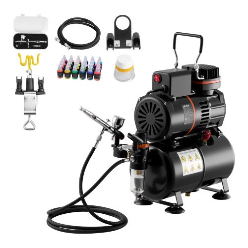 VEVOR Airbrush Kit, 1-6 HP, Air Brush Kit with Air Compressor and Tank, 1 Dual-Action Professional Airbrush with 1 Tip, Hose, Acrylic Paint, 2 Fans, f