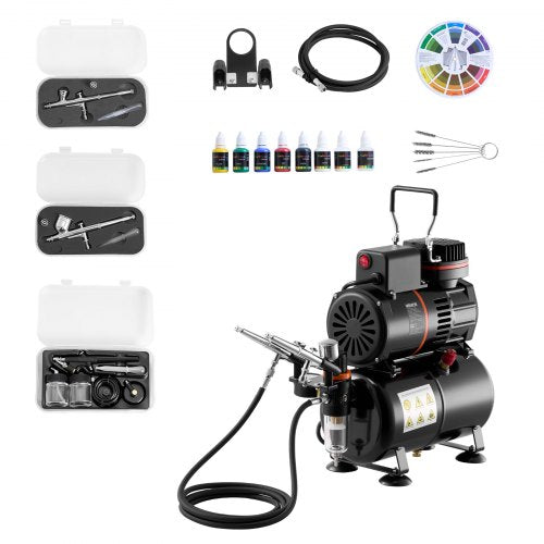 VEVOR Airbrush Kit, 1-6 HP, Air Brush Kit with Air Compressor and Tank, 3 Dual-Action Professional Airbrushes with 3 Tips, Hose, Acrylic Paint, 2 Fans