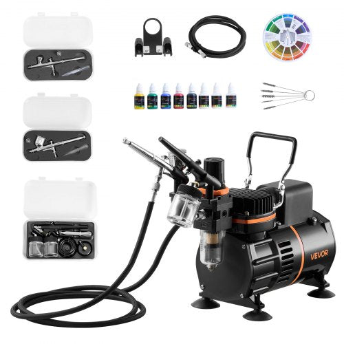VEVOR Airbrush Kit, 1-6 HP, Air Brush Kit with Air Compressor, 3 Dual-Action Professional Airbrushes with 3 Tips, Hose, Acrylic Paint, 2 Fans, Low Noi
