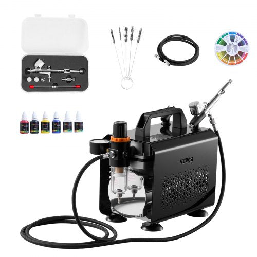 VEVOR Airbrush Kit, 1-6 HP, Air Brush Kit with Air Compressor, 1 Dual-Action Professional Airbrush with 3 Tips, Hose, Acrylic Paint, Brush, Low Noise,