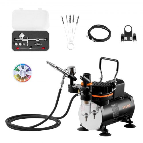 VEVOR Airbrush Kit, 1-6 HP, Air Brush Kit with Air Compressor, 1 Dual-Action Professional Airbrush with 3 Tips, Hose, Holder, Cleaning Set, Low Noise,