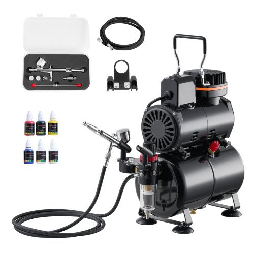 VEVOR Airbrush Kit, 1-6 HP, Air Brush Kit with Air Compressor and Tank, 1 Dual-Action Professional Airbrush with 3 Tips, Acrylic Paint, Low Noise, for