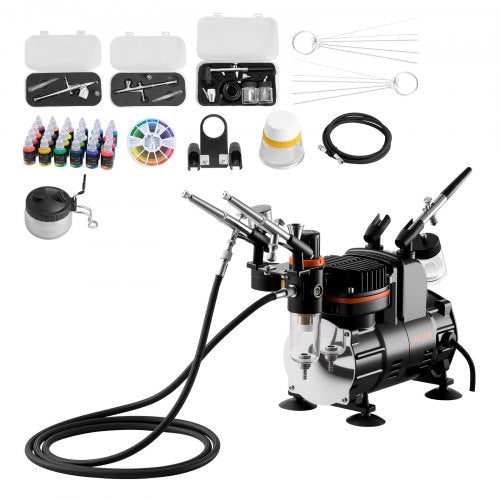VEVOR Airbrush Kit, 1-6 HP, Air Brush Kit with Air Compressor, 3 Dual-Action Professional Airbrushes with 3 Tips, Hose, Acrylic Paint, Brush, Low Nois