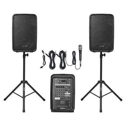 VEVOR Portable PA System, 300W Powered, Sound System Set with 8 Channel Mixer, Dual Speakers, Wireless Bluetooth, Microphone, Compact Stands, USB SD X