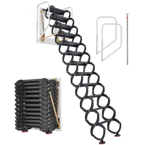 VEVOR Attic Ladder Wall-Mounted, 660LBS-299.4KG Capacity, Fits 9.5 to 10 ft Ceiling Height, 12-Step Steel Folding Stairs with Handrails, Pull Down Att