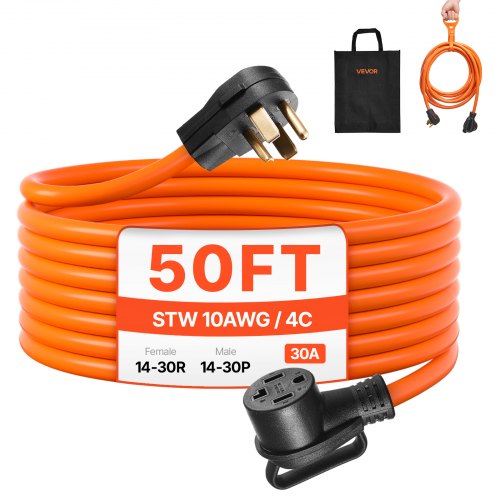 VEVOR 50 ft Dryer Extension Cord, 4-Prong NEMA 14-30P to 14-30R Dryer Cord, 125V-250V, STW 10AWG-4C, 30A, Pure Copper Wire Cable with Black Non-woven