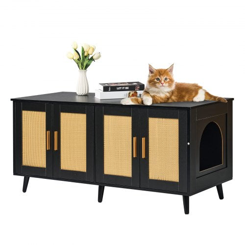 VEVOR Cat Litter Box Enclosure for 2 Cats, Litter Box Furniture Hidden with Rattan Decorated Doors, Wooden Cat Box Cabinet Fit Most of Litter Box, 47.