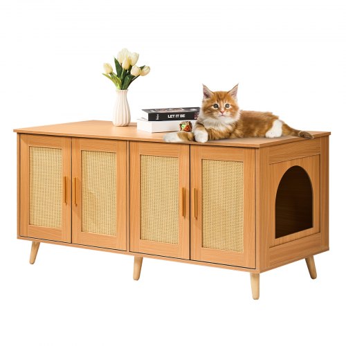 VEVOR Cat Litter Box Enclosure for 2 Cats, Litter Box Furniture Hidden with Rattan Decorated Doors, Wooden Cat Box Cabinet Fit Most of Litter Box, 47.