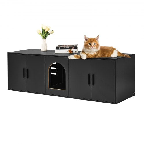 VEVOR Cat Litter Box Enclosure for 2 Cats, 147 cm Hidden Litter Furniture, Double Room Large Cat Washroom Cabinet, Indoor Wooden Pet House TV Stand Si