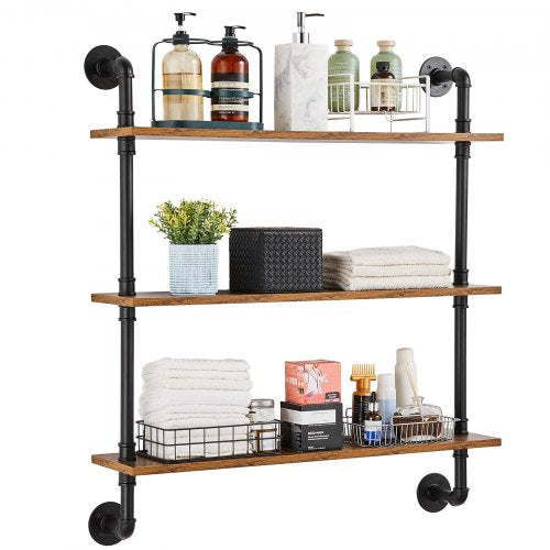 VEVOR Industrial Pipe Shelf, 3 Tier 32x7.87in, Wall-Mount Floating Rustic Wood Shelves Bracket Display Bookshelf, Storage Rack Sundries Holder for Kit