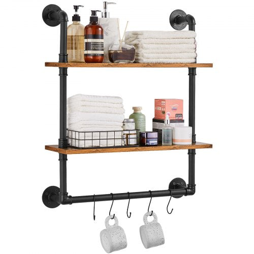 VEVOR Industrial Pipe Shelf, 2 Tier 24x7.87in, Wall-Mount Floating Rustic Wood Shelves Bracket Display Bookshelf, Storage Rack Sundries Holder for Kit